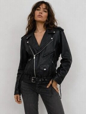 Vintage 80s 90s black leather biker jacket lace-up sides moto women's size XL